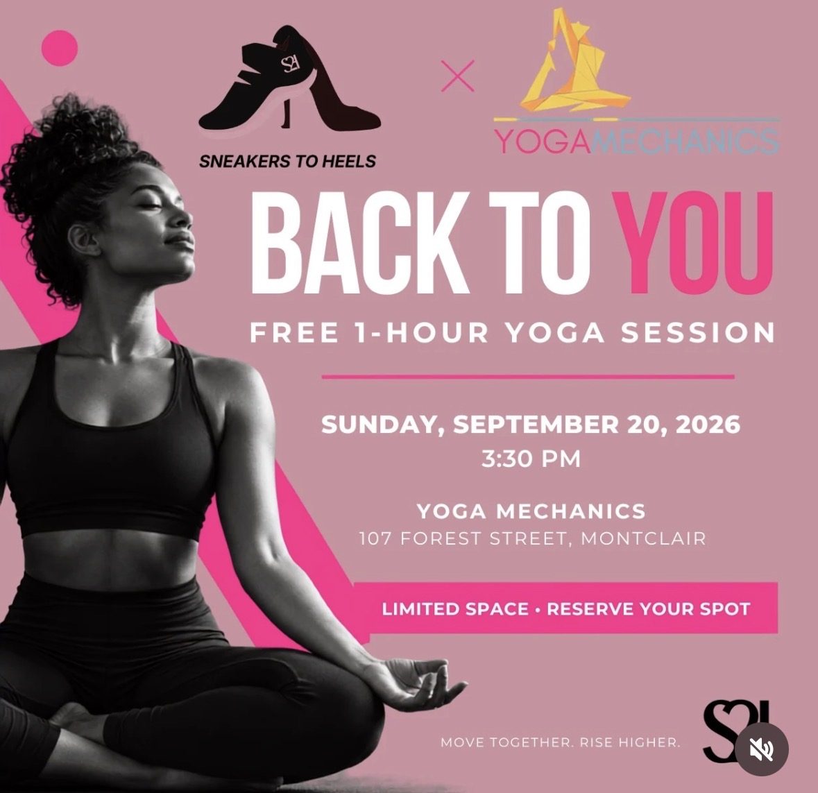 Flyer for Back to You, a free one-hour yoga session with Sneakers to Heels and Yoga Mechanics at Yoga Mechanics, 107 Forest Street, Montclair, on Sunday September 20 2026 at 3:30 PM