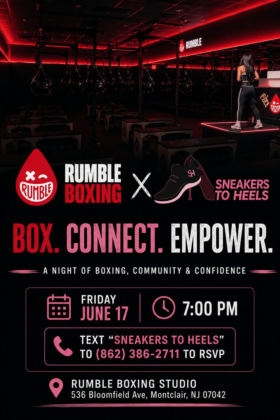 Flyer for Box. Connect. Empower., a Rumble Boxing and Sneakers to Heels evening in Montclair