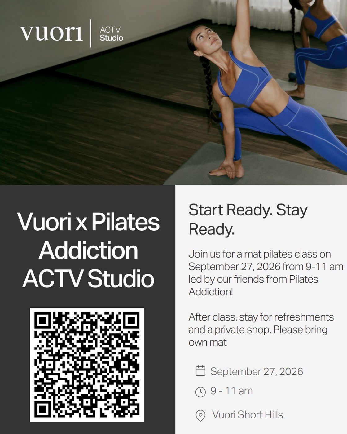Flyer for Vuori x Pilates Addiction ACTV Studio mat pilates class at Vuori Short Hills on Sunday September 27 2026, 9 to 11 AM